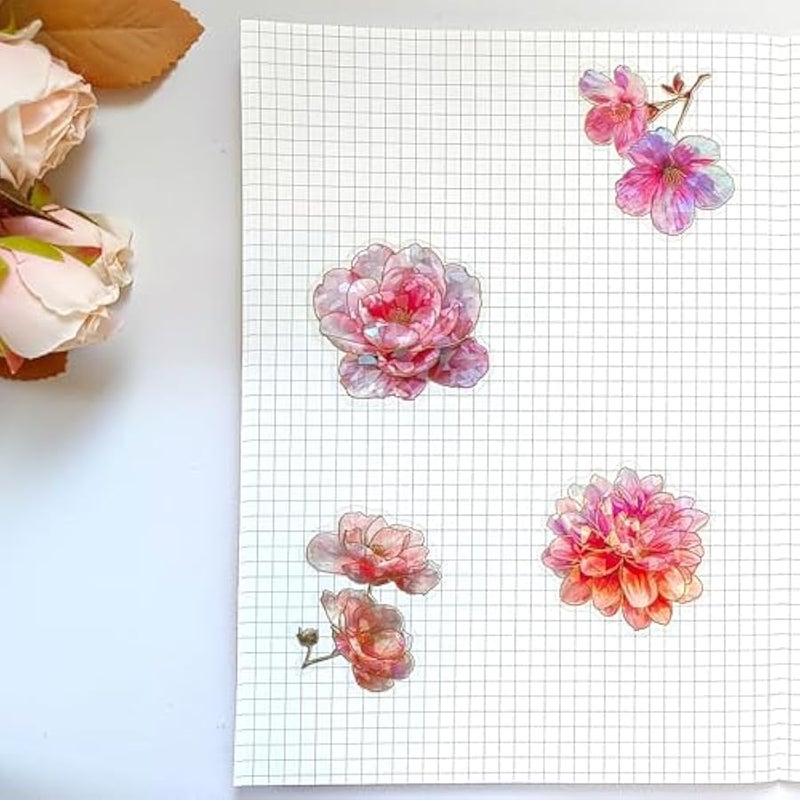 Sparkly Flower Stickers - 30 Pcs Clear PET Glitter Nature Plant Floral Stickers for Scrapbook, Journal, Junk Journal, Collage - Holographic Transparent for Resin, Craft, Scrapbook Supplies - Image 4